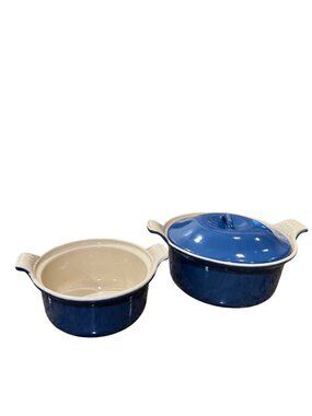 Le Creuset Cobalt Blue Enameled 14 & 18 Dutch Oven w/ Lid & Mini Cocotte Set Vtg